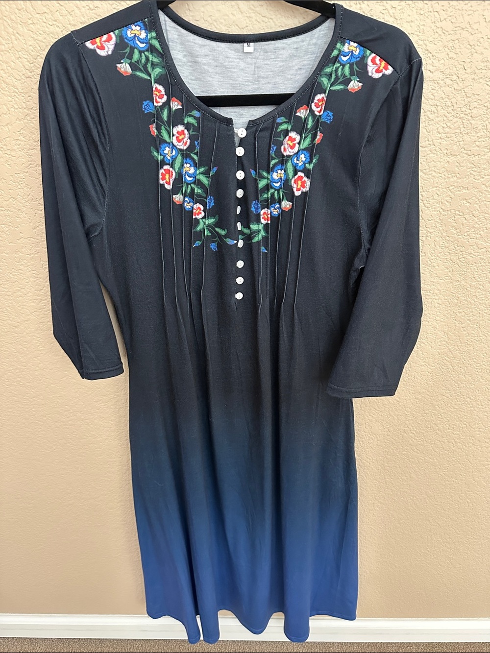 Black to Blue Floral Embroidered Women's Dress